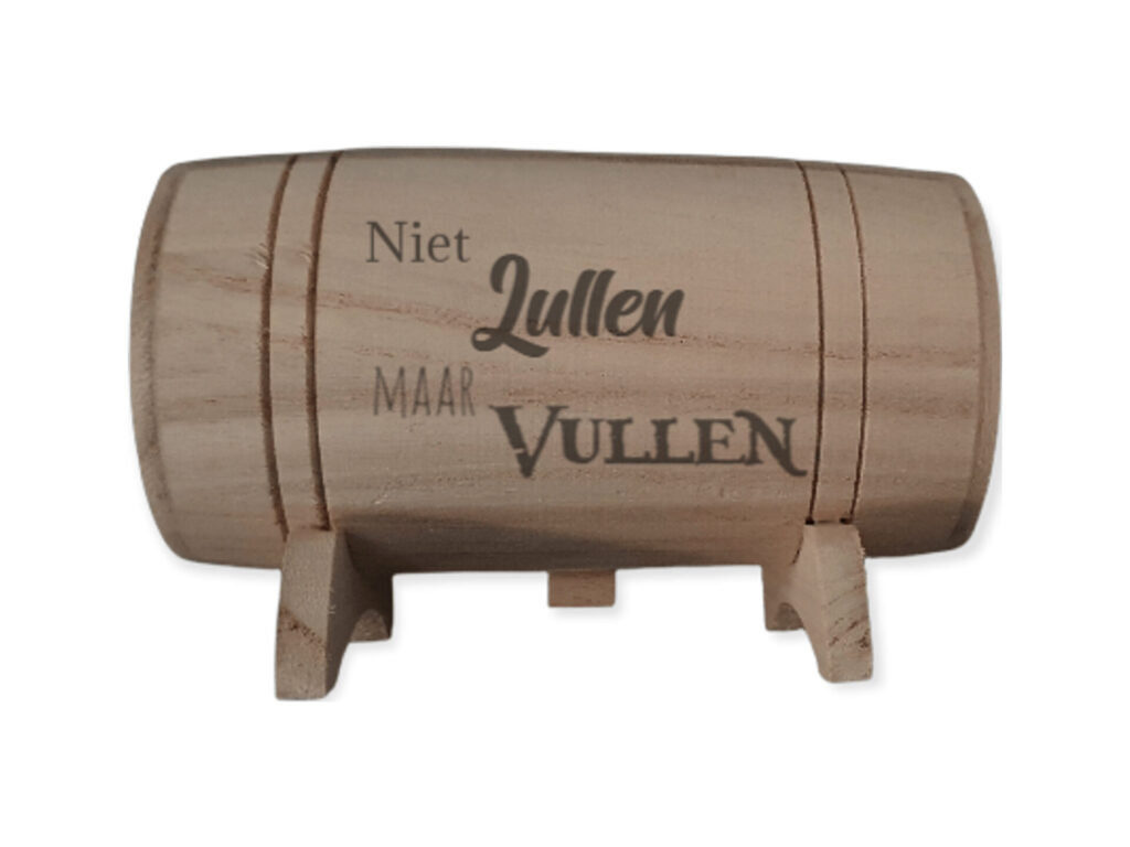 Houten wijnvat spaarpot – niet lullen maar vullen