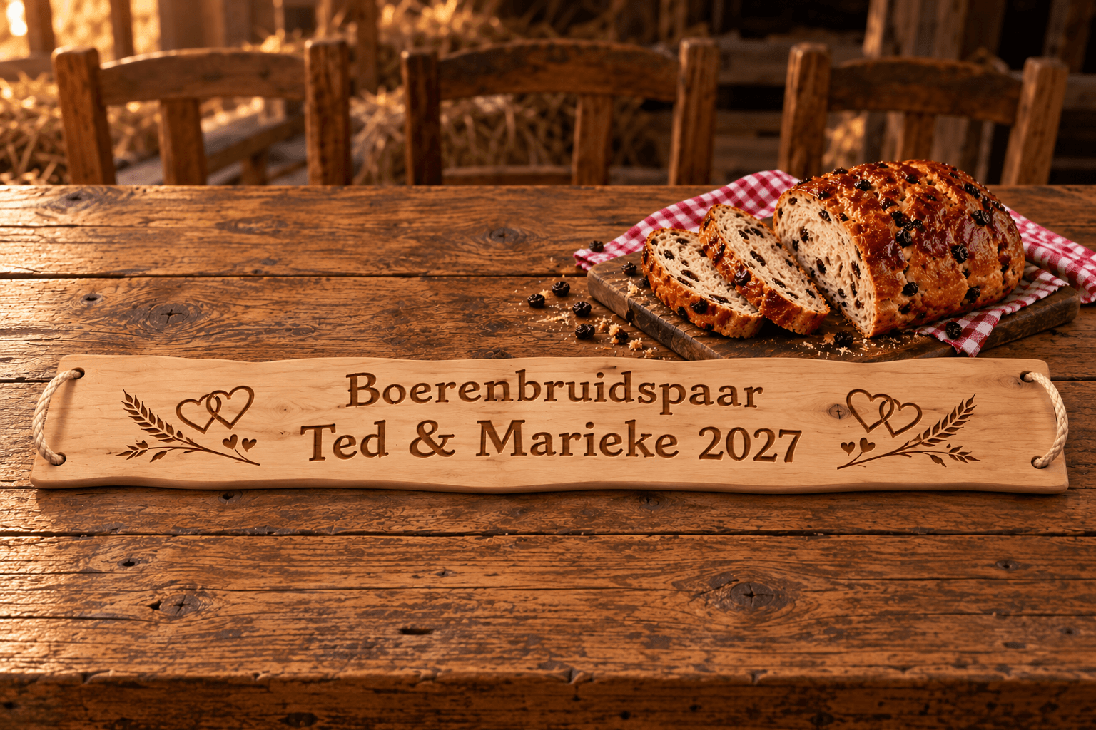 Gepersonaliseerde tapasplank voor het boerenbruidspaar bij het ontbijt