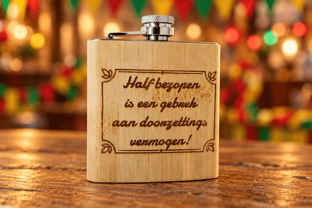 Gepersonaliseerde bamboe heupfles met gegraveerde carnavalsspreuk