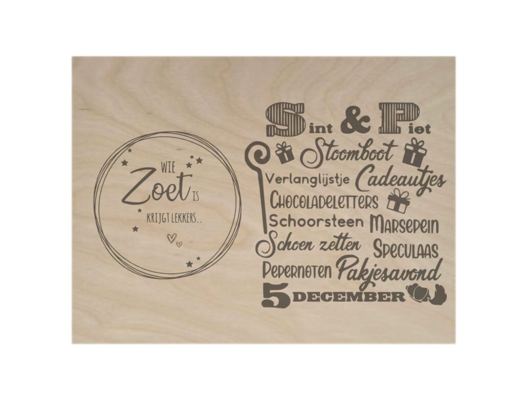 Grenen houten kist maat M - Sinterklaas wie zoet is op witte achtergrond
